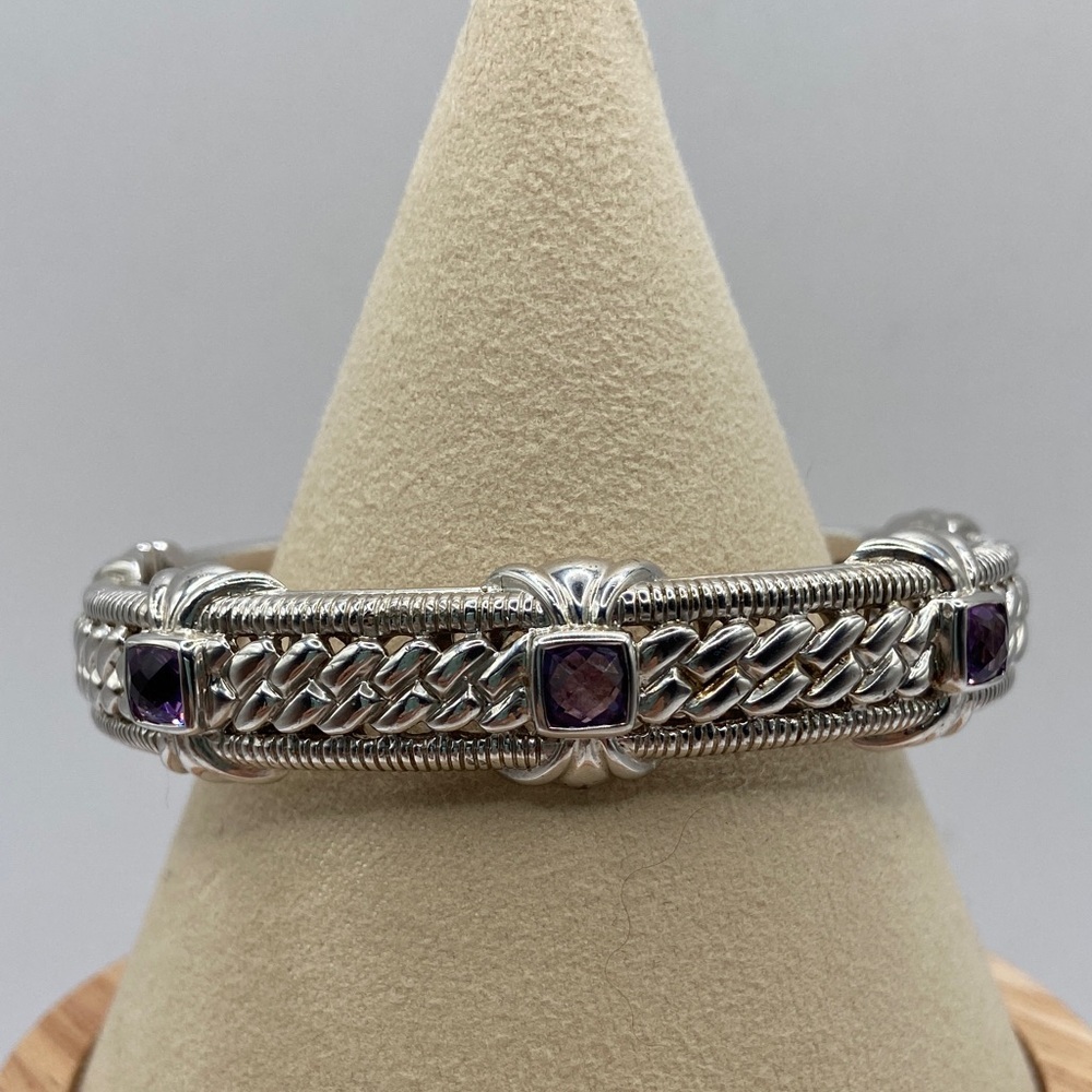 Judith Ripka Sterling Silver 925 Amethyst Hinged Cuff Bangle Bracelet Average